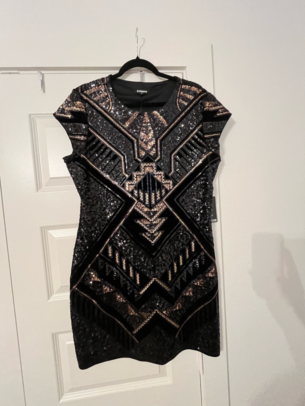 Express Black Mini Dress with Rose Gold Sequin Geometric Detail